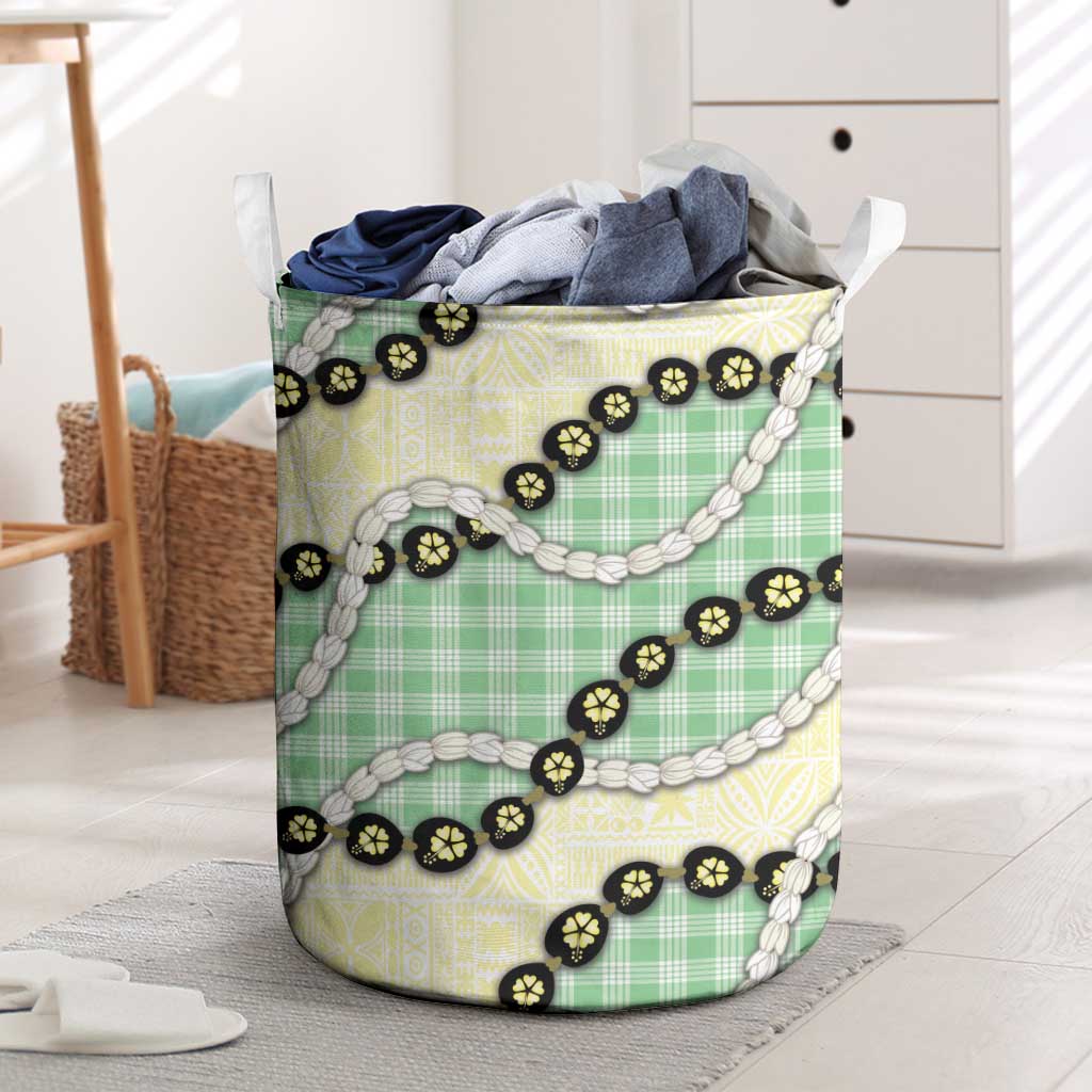 Green Palaka Hawaii Laundry Basket Kukui Nut Pikake Lei Hawaiian Tapa Pattern LT14 Green - Polynesian Pride