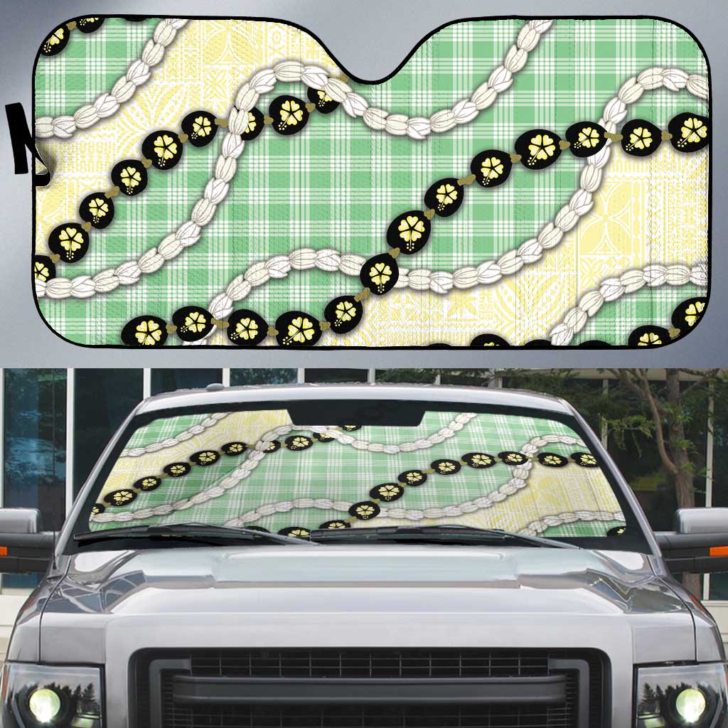Green Palaka Hawaii Auto Sun Shade Kukui Nut Pikake Lei Hawaiian Tapa Pattern - Polynesian Pride