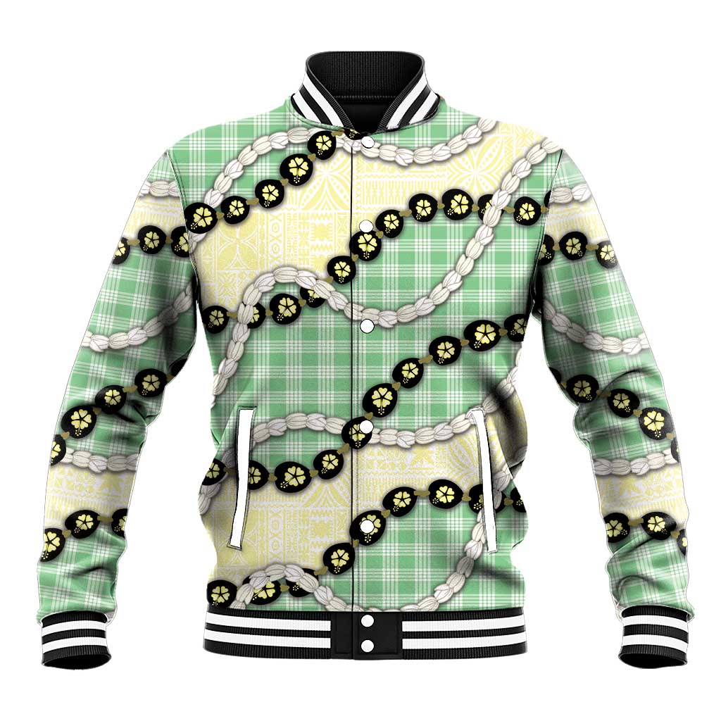 Green Palaka Hawaii Baseball Jacket Kukui Nut Pikake Lei Hawaiian Tapa Pattern LT14 Unisex Green - Polynesian Pride