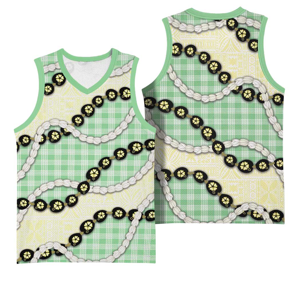 Green Palaka Hawaii Basketball Jersey Kukui Nut Pikake Lei Hawaiian Tapa Pattern LT14 - Polynesian Pride
