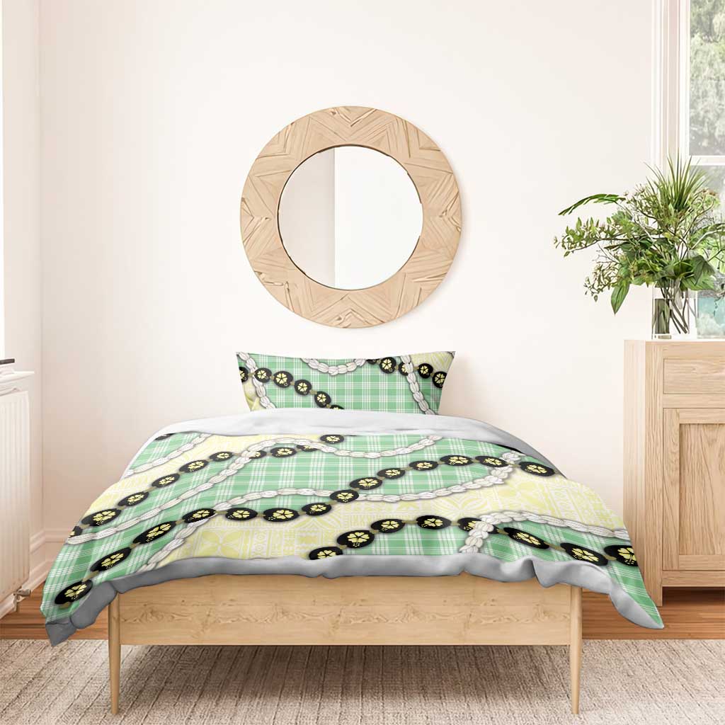 Green Palaka Hawaii Bedding Set Kukui Nut Pikake Lei Hawaiian Tapa Pattern - Polynesian Pride