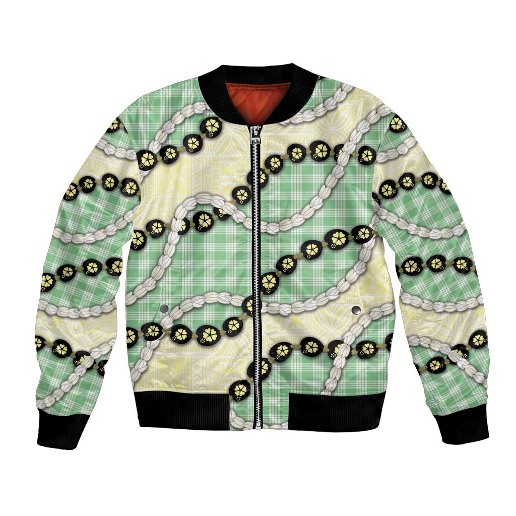 Green Palaka Hawaii Bomber Jacket Kukui Nut Pikake Lei Hawaiian Tapa Pattern LT14 Unisex Green - Polynesian Pride