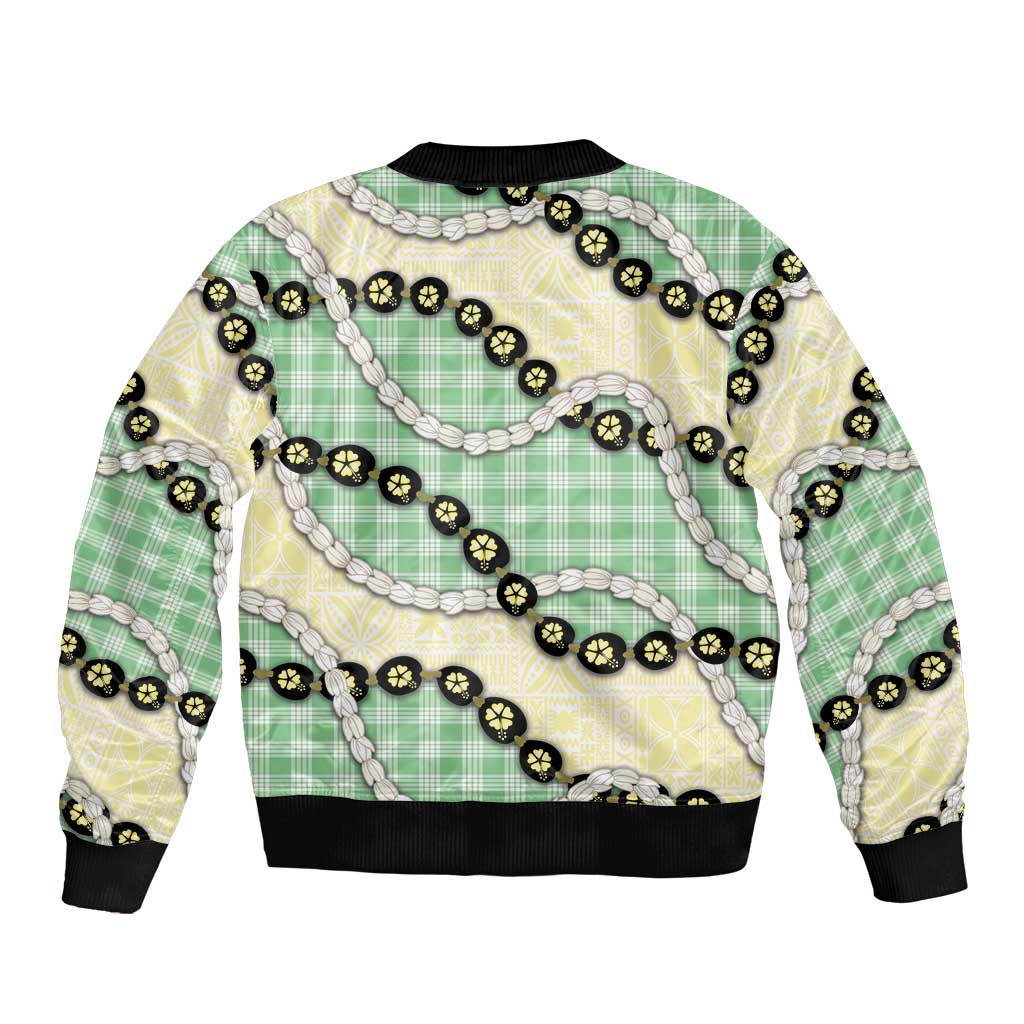 Green Palaka Hawaii Bomber Jacket Kukui Nut Pikake Lei Hawaiian Tapa Pattern LT14 - Polynesian Pride