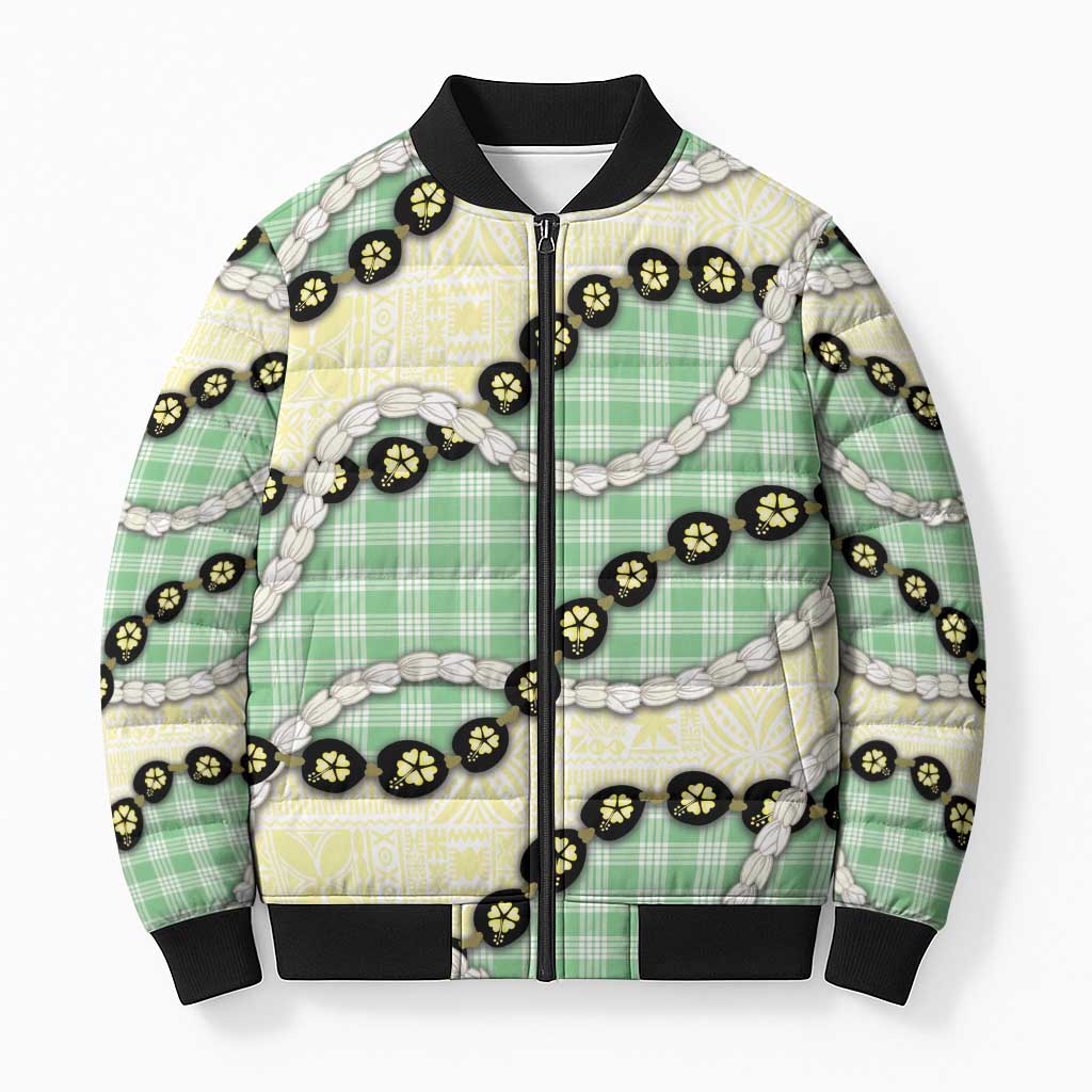 Green Palaka Hawaii Bomber Puffer Jacket Kukui Nut Pikake Lei Hawaiian Tapa Pattern LT14 Unisex Green - Polynesian Pride