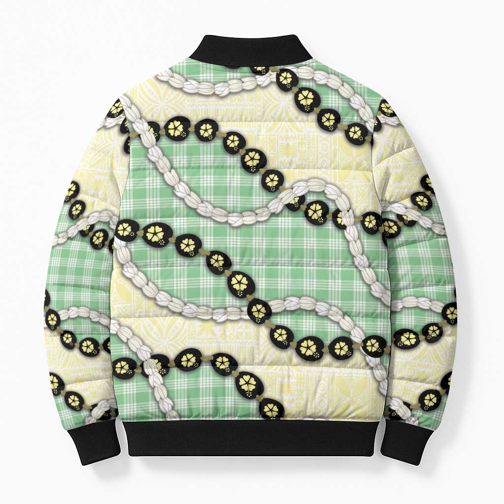 Green Palaka Hawaii Bomber Puffer Jacket Kukui Nut Pikake Lei Hawaiian Tapa Pattern LT14 - Polynesian Pride