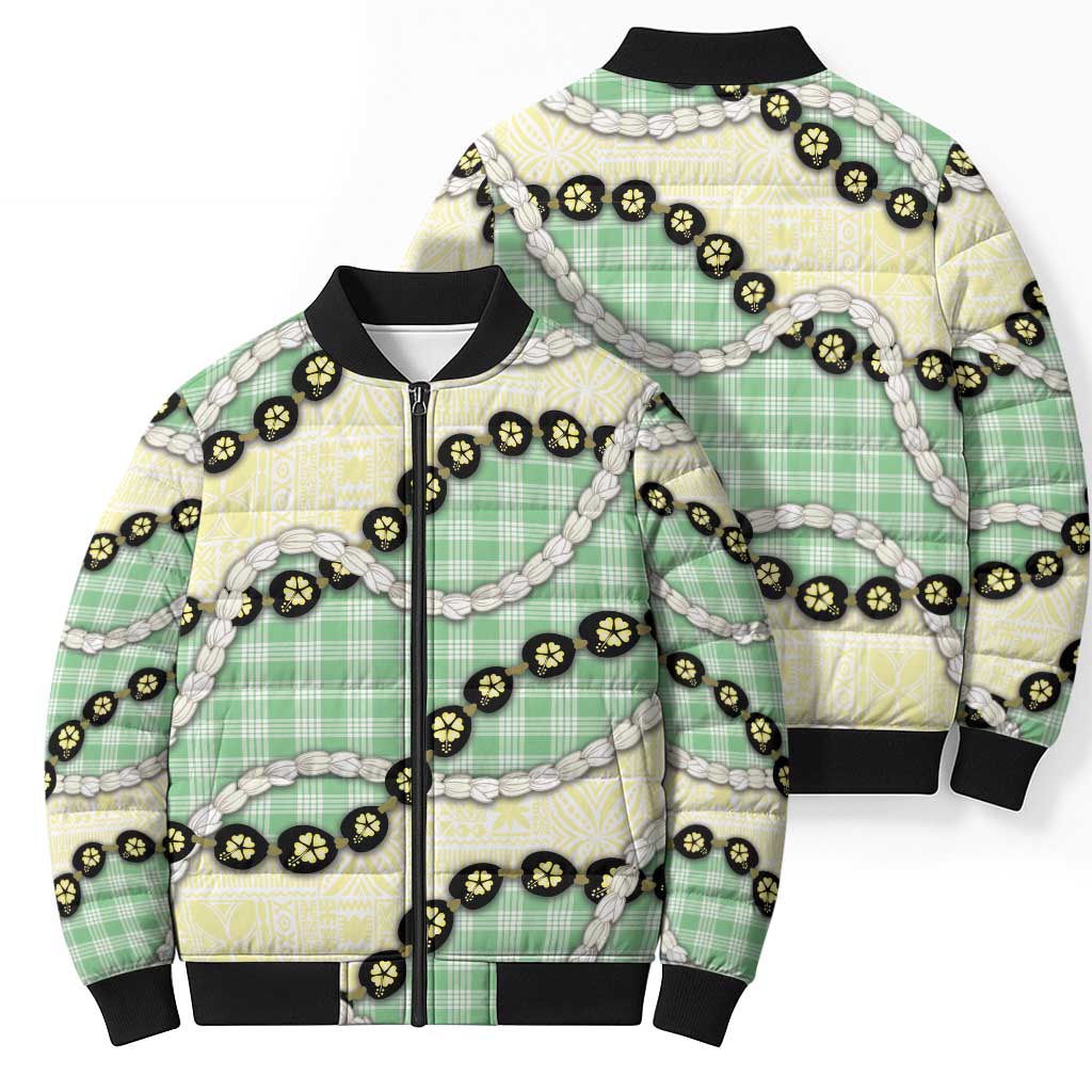 Green Palaka Hawaii Bomber Puffer Jacket Kukui Nut Pikake Lei Hawaiian Tapa Pattern LT14 - Polynesian Pride
