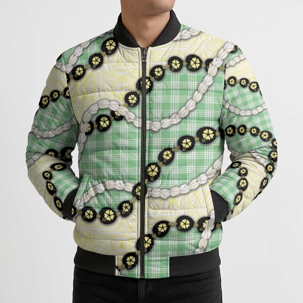 Green Palaka Hawaii Bomber Puffer Jacket Kukui Nut Pikake Lei Hawaiian Tapa Pattern LT14 - Polynesian Pride
