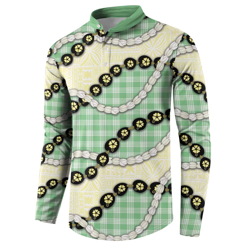Green Palaka Hawaii Button Sweatshirt Kukui Nut Pikake Lei Hawaiian Tapa Pattern LT14 - Polynesian Pride