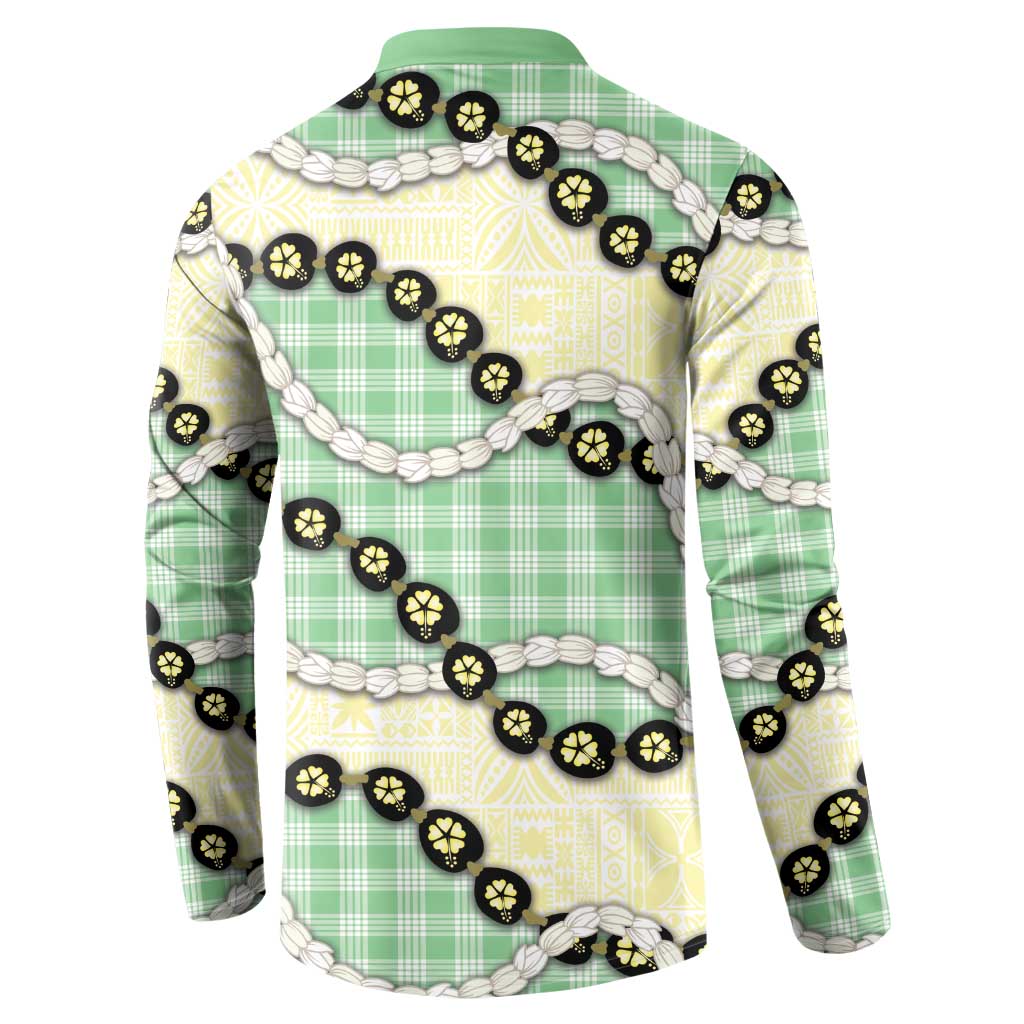Green Palaka Hawaii Button Sweatshirt Kukui Nut Pikake Lei Hawaiian Tapa Pattern LT14 - Polynesian Pride