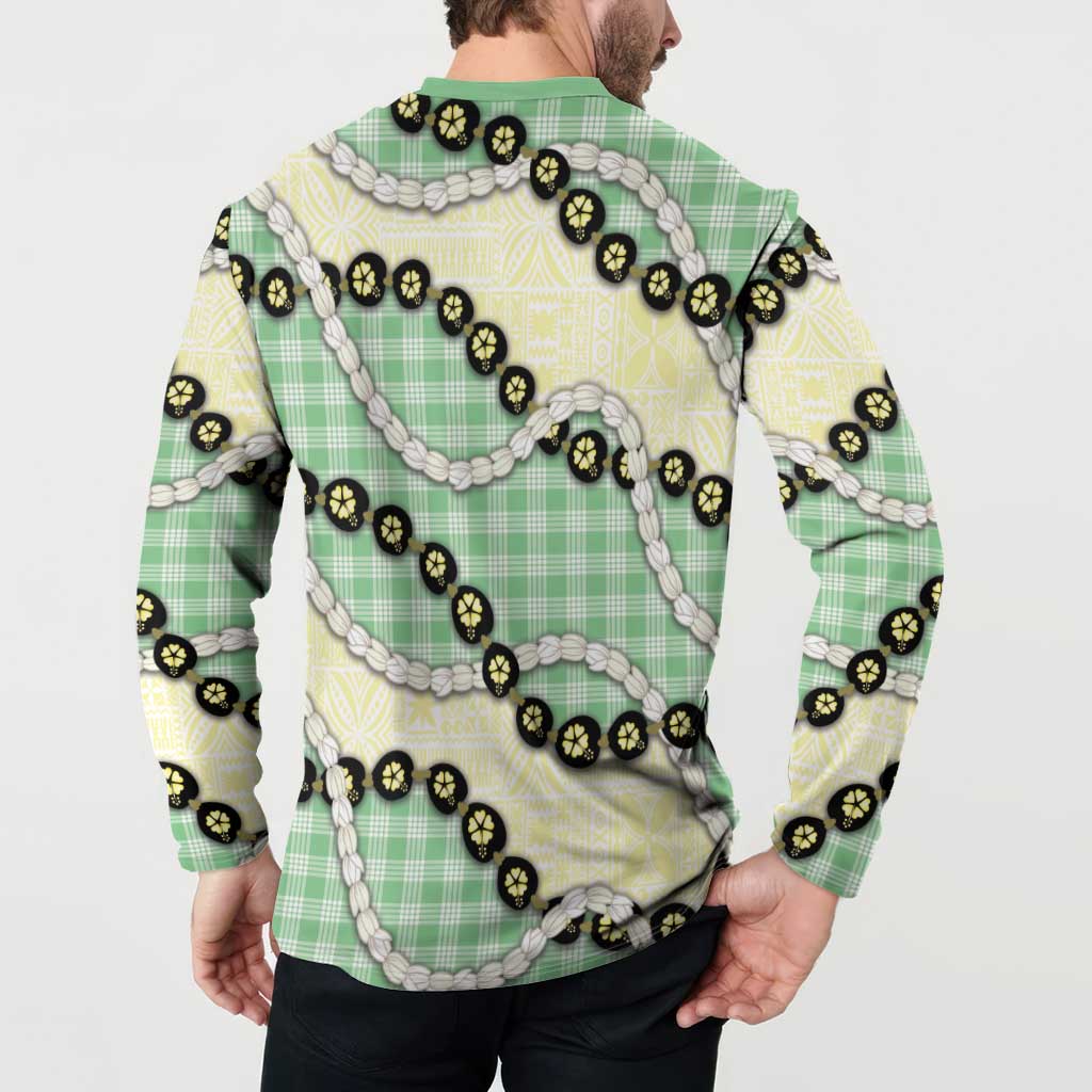 Green Palaka Hawaii Button Sweatshirt Kukui Nut Pikake Lei Hawaiian Tapa Pattern LT14 - Polynesian Pride
