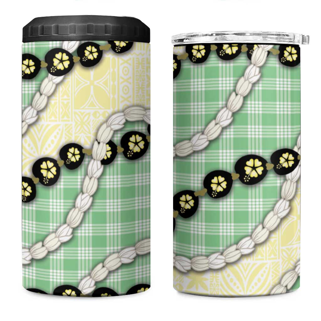 Green Palaka Hawaii 4 in 1 Can Cooler Tumbler Kukui Nut Pikake Lei Hawaiian Tapa Pattern - Polynesian Pride