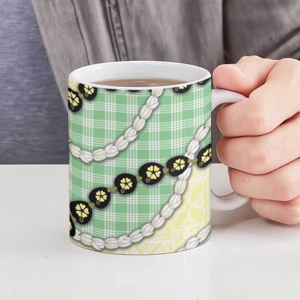 Green Palaka Hawaii Ceramic Mug Kukui Nut Pikake Lei Hawaiian Tapa Pattern - Polynesian Pride