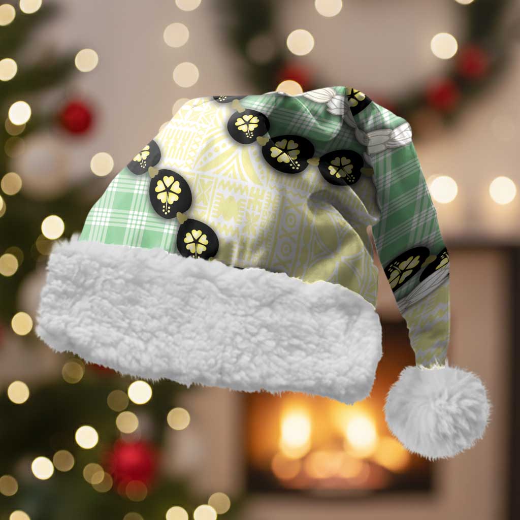 Green Palaka Hawaii Christmas Santa Hat Kukui Nut Pikake Lei Hawaiian Tapa Pattern - Polynesian Pride