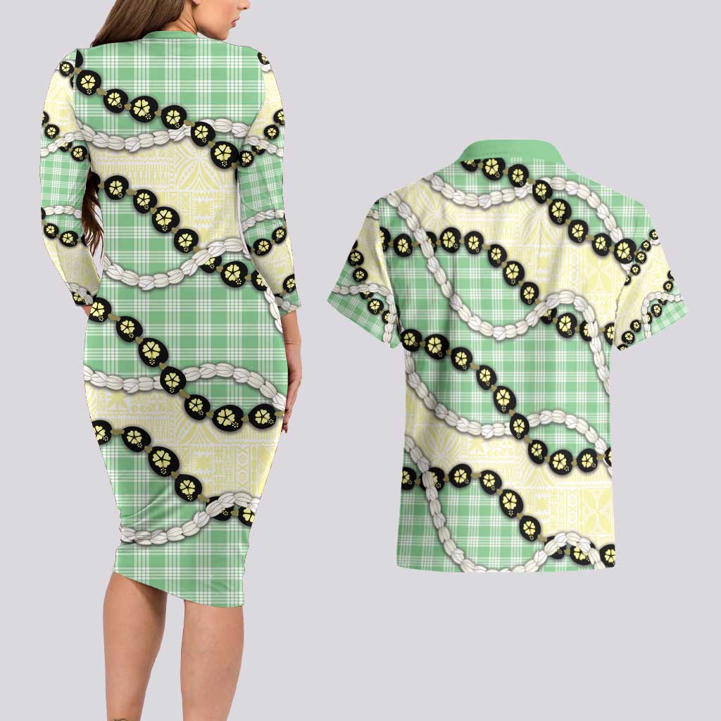 Green Palaka Hawaii Couples Matching Long Sleeve Bodycon Dress and Hawaiian Shirt Kukui Nut Pikake Lei Hawaiian Tapa Pattern - Polynesian Pride