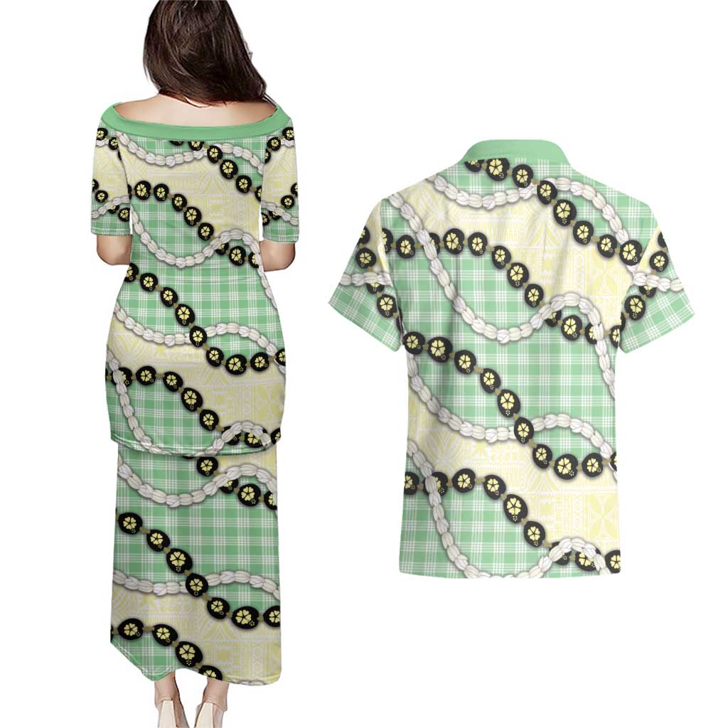 Green Palaka Hawaii Couples Matching Puletasi and Hawaiian Shirt Kukui Nut Pikake Lei Hawaiian Tapa Pattern LT14 - Polynesian Pride