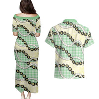 Green Palaka Hawaii Couples Matching Puletasi and Hawaiian Shirt Kukui Nut Pikake Lei Hawaiian Tapa Pattern LT14 - Polynesian Pride