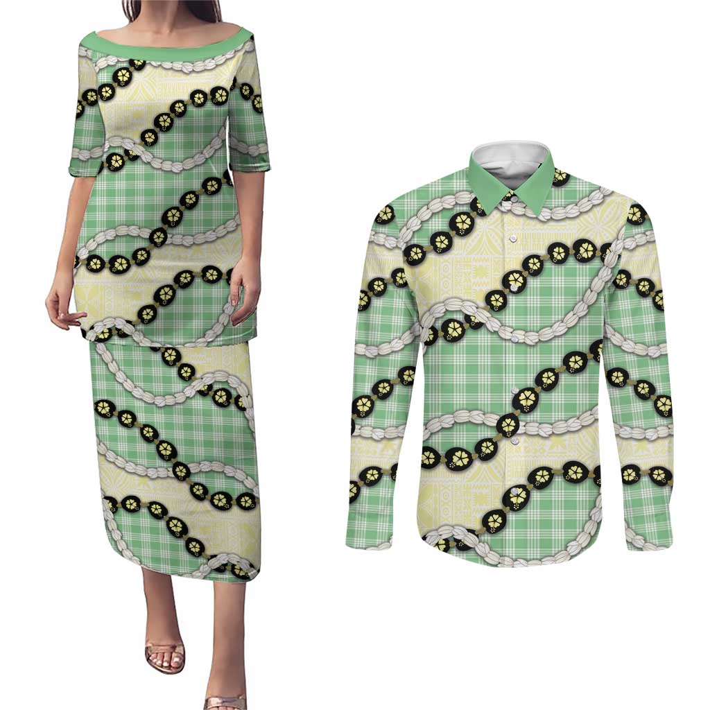 Green Palaka Hawaii Couples Matching Puletasi and Long Sleeve Button Shirt Kukui Nut Pikake Lei Hawaiian Tapa Pattern LT14 Green - Polynesian Pride