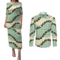 Green Palaka Hawaii Couples Matching Puletasi and Long Sleeve Button Shirt Kukui Nut Pikake Lei Hawaiian Tapa Pattern LT14 Green - Polynesian Pride