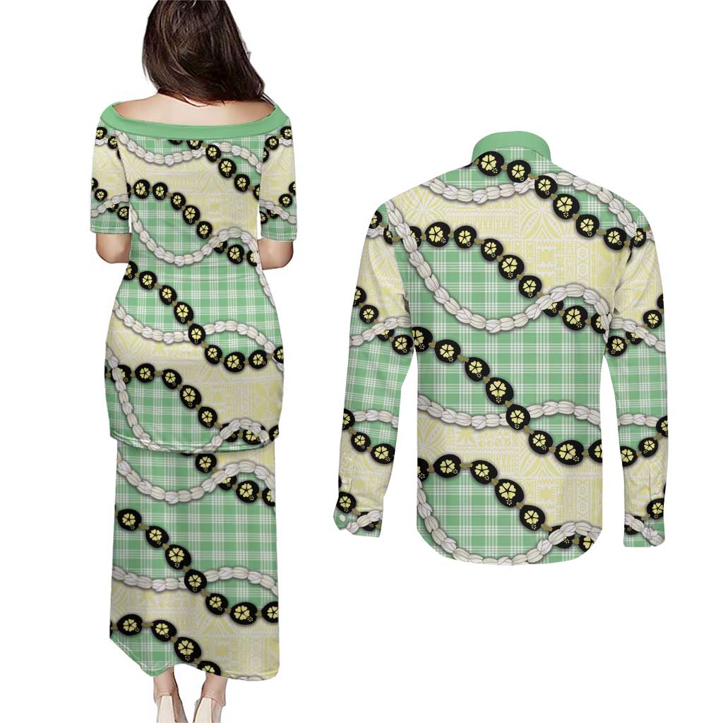 Green Palaka Hawaii Couples Matching Puletasi and Long Sleeve Button Shirt Kukui Nut Pikake Lei Hawaiian Tapa Pattern LT14 - Polynesian Pride