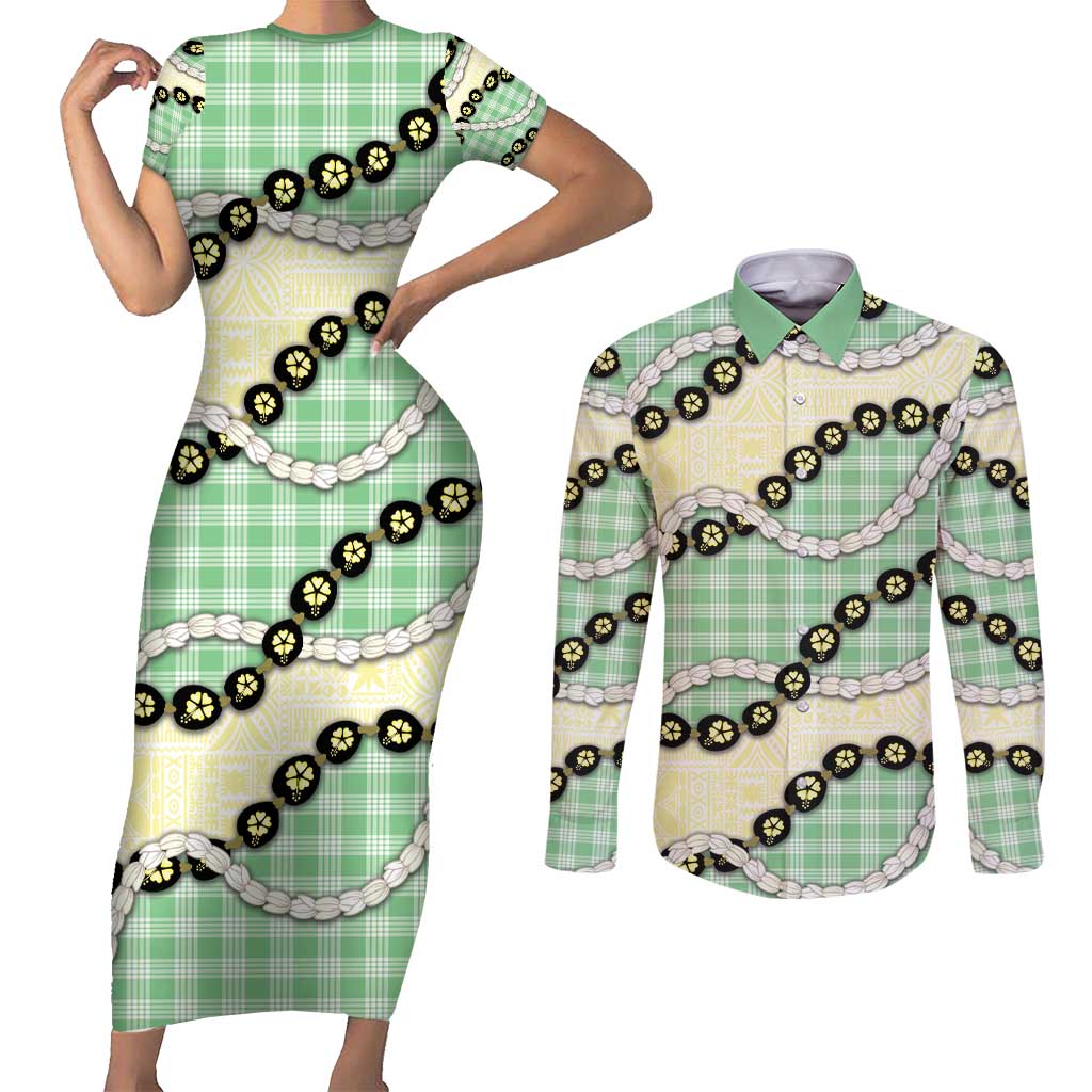 Green Palaka Hawaii Couples Matching Short Sleeve Bodycon Dress and Long Sleeve Button Shirt Kukui Nut Pikake Lei Hawaiian Tapa Pattern - Polynesian Pride