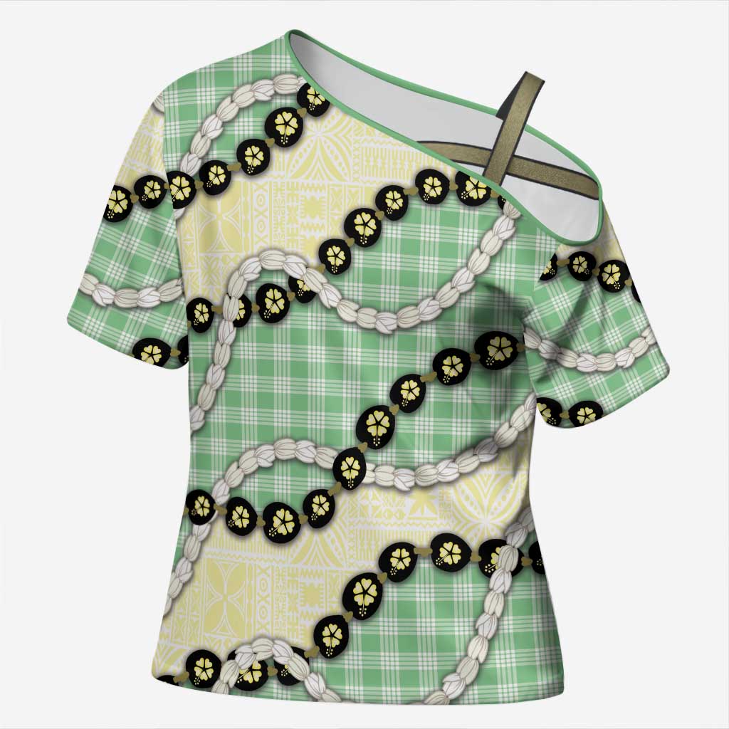 Green Palaka Hawaii Cross Shoulder Shirt Kukui Nut Pikake Lei Hawaiian Tapa Pattern LT14 Female Green - Polynesian Pride