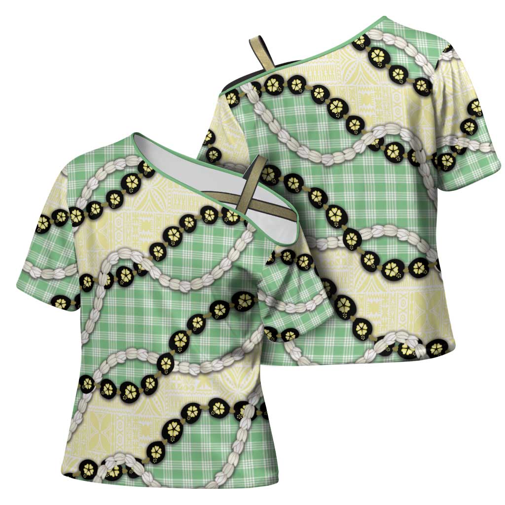 Green Palaka Hawaii Cross Shoulder Shirt Kukui Nut Pikake Lei Hawaiian Tapa Pattern LT14 - Polynesian Pride