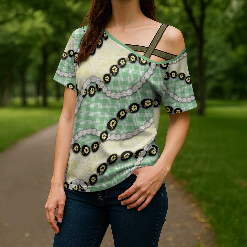 Green Palaka Hawaii Cross Shoulder Shirt Kukui Nut Pikake Lei Hawaiian Tapa Pattern LT14 - Polynesian Pride