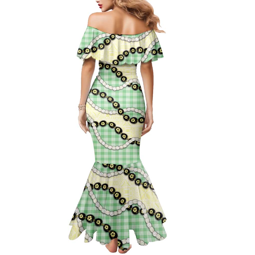 Green Palaka Hawaii Family Matching Mermaid Dress and Hawaiian Shirt Kukui Nut Pikake Lei Hawaiian Tapa Pattern - Polynesian Pride