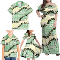 Green Palaka Hawaii Family Matching Off Shoulder Maxi Dress and Hawaiian Shirt Kukui Nut Pikake Lei Hawaiian Tapa Pattern - Polynesian Pride