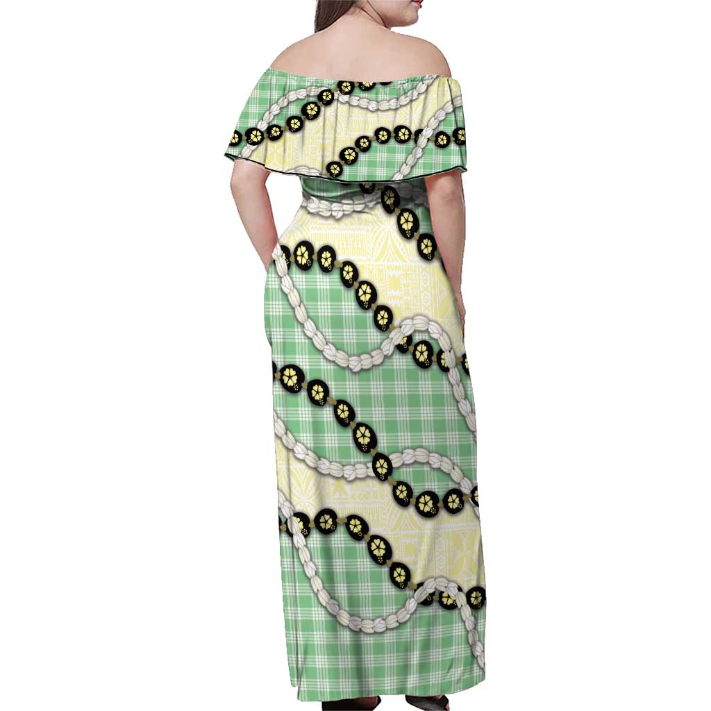 Green Palaka Hawaii Family Matching Off Shoulder Maxi Dress and Hawaiian Shirt Kukui Nut Pikake Lei Hawaiian Tapa Pattern - Polynesian Pride