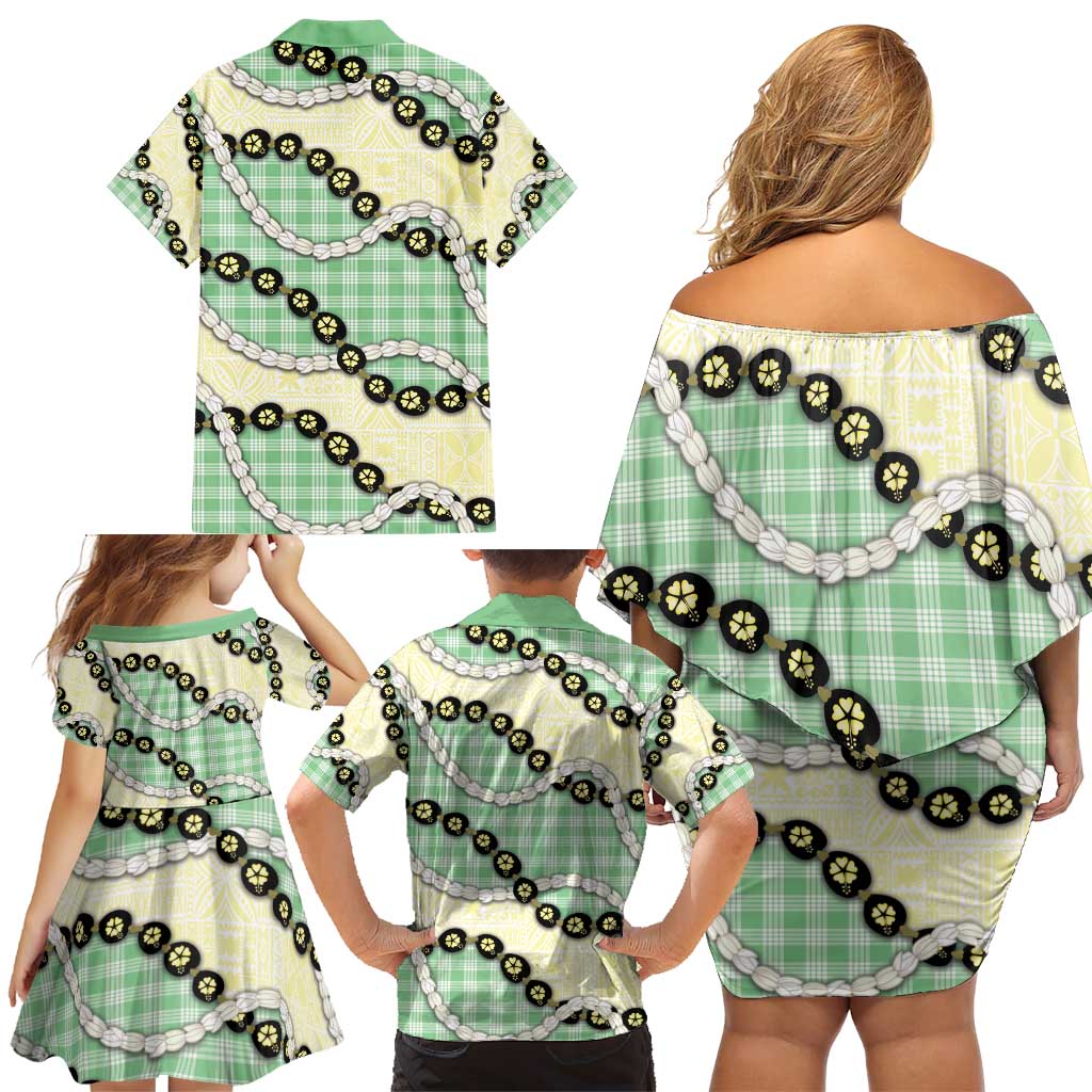 Green Palaka Hawaii Family Matching Off Shoulder Short Dress and Hawaiian Shirt Kukui Nut Pikake Lei Hawaiian Tapa Pattern - Polynesian Pride