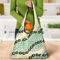 Green Palaka Hawaii Grocery Bag Kukui Nut Pikake Lei Hawaiian Tapa Pattern - Polynesian Pride
