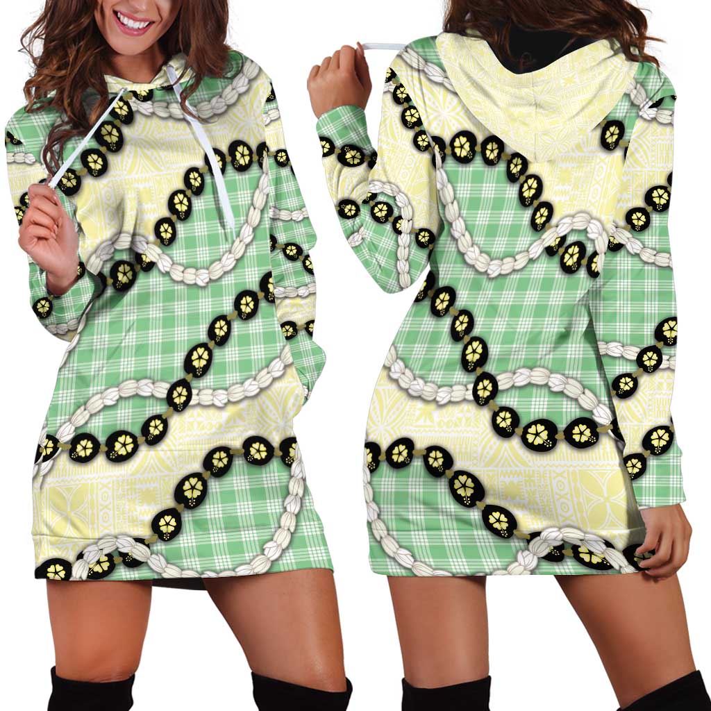 Green Palaka Hawaii Hoodie Dress Kukui Nut Pikake Lei Hawaiian Tapa Pattern LT14 - Polynesian Pride