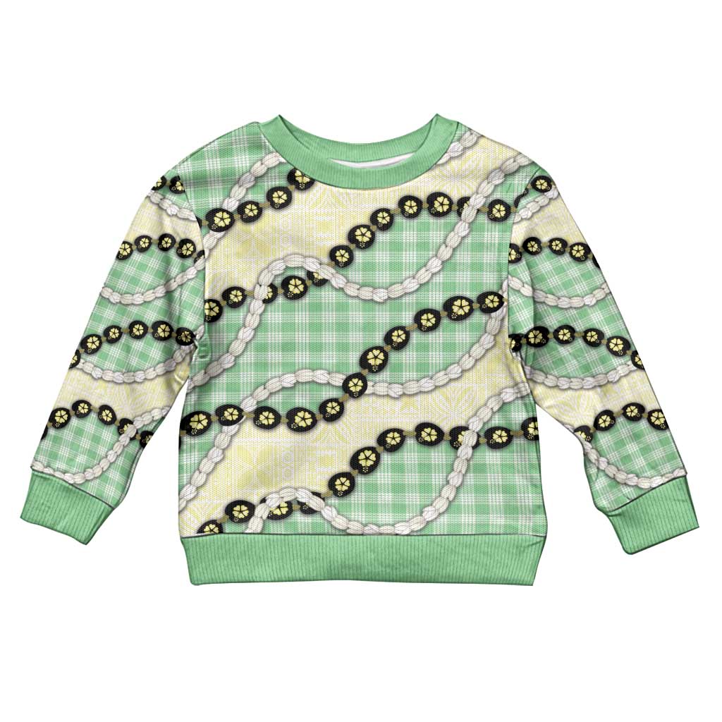 Green Palaka Hawaii Kid Ugly Christmas Sweater Kukui Nut Pikake Lei Hawaiian Tapa Pattern LT14 Kid Green - Polynesian Pride