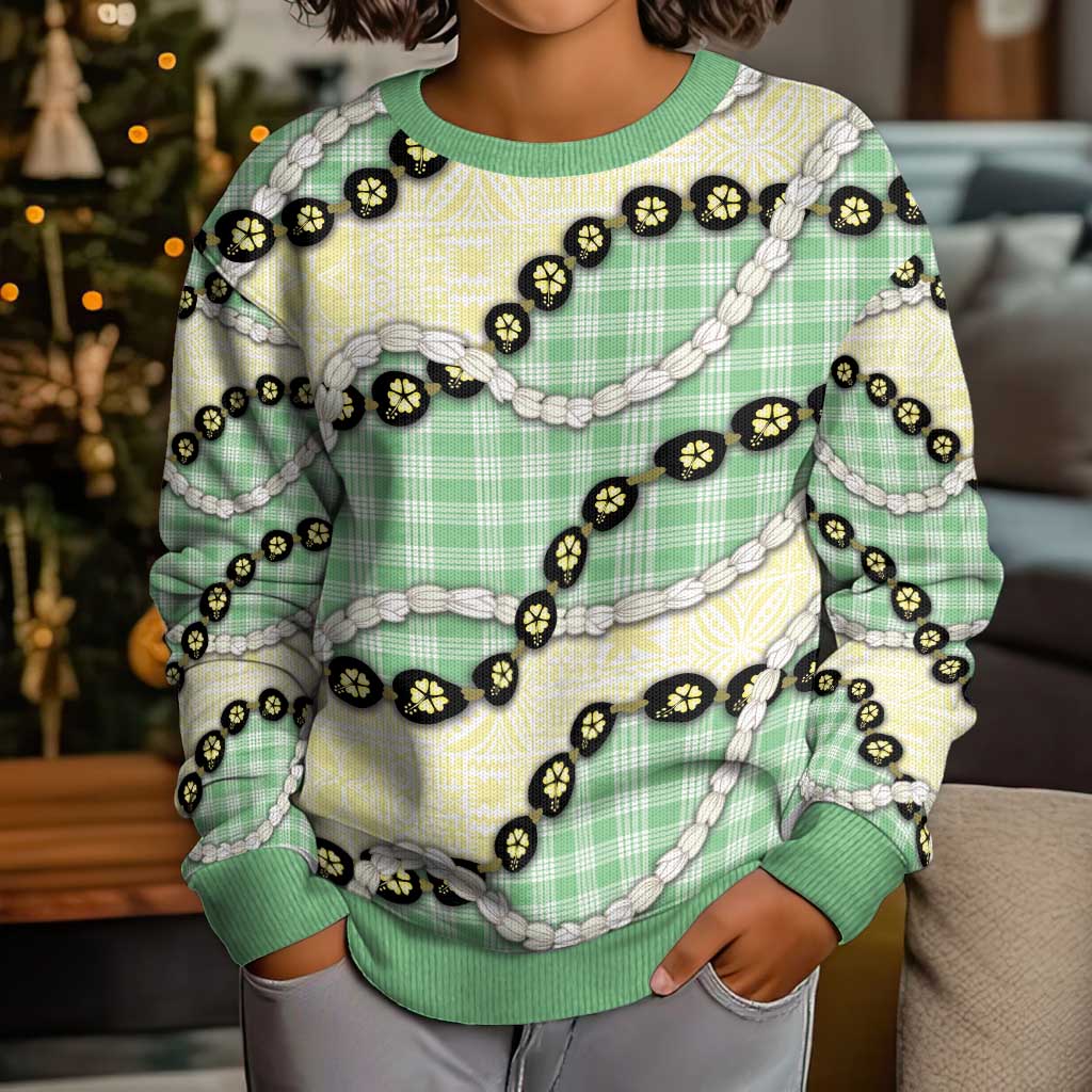 Green Palaka Hawaii Kid Ugly Christmas Sweater Kukui Nut Pikake Lei Hawaiian Tapa Pattern LT14 - Polynesian Pride