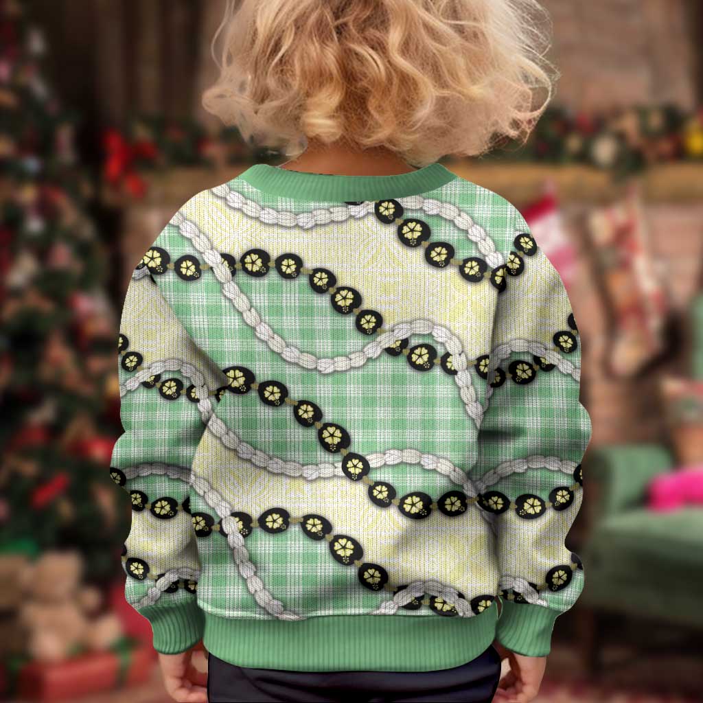 Green Palaka Hawaii Kid Ugly Christmas Sweater Kukui Nut Pikake Lei Hawaiian Tapa Pattern LT14 - Polynesian Pride