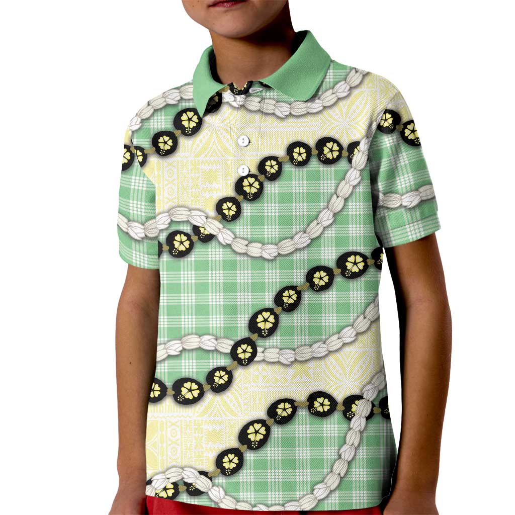 Green Palaka Hawaii Kid Polo Shirt Kukui Nut Pikake Lei Hawaiian Tapa Pattern LT14 Kid Green - Polynesian Pride