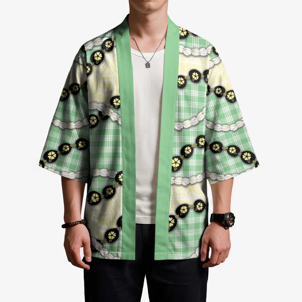 Green Palaka Hawaii Kimono Kukui Nut Pikake Lei Hawaiian Tapa Pattern - Polynesian Pride