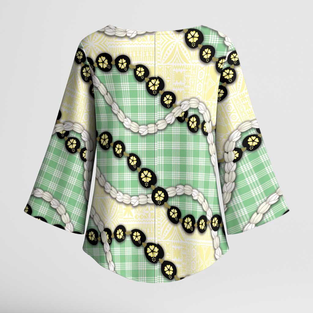 Green Palaka Hawaii Kimono Sleeve Blouse Kukui Nut Pikake Lei Hawaiian Tapa Pattern - Polynesian Pride