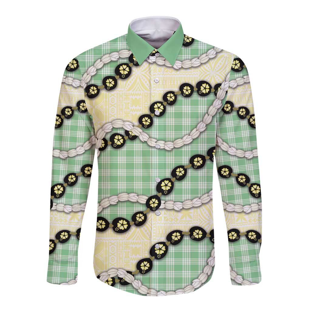 Green Palaka Hawaii Long Sleeve Button Shirt Kukui Nut Pikake Lei Hawaiian Tapa Pattern LT14 Unisex Green - Polynesian Pride