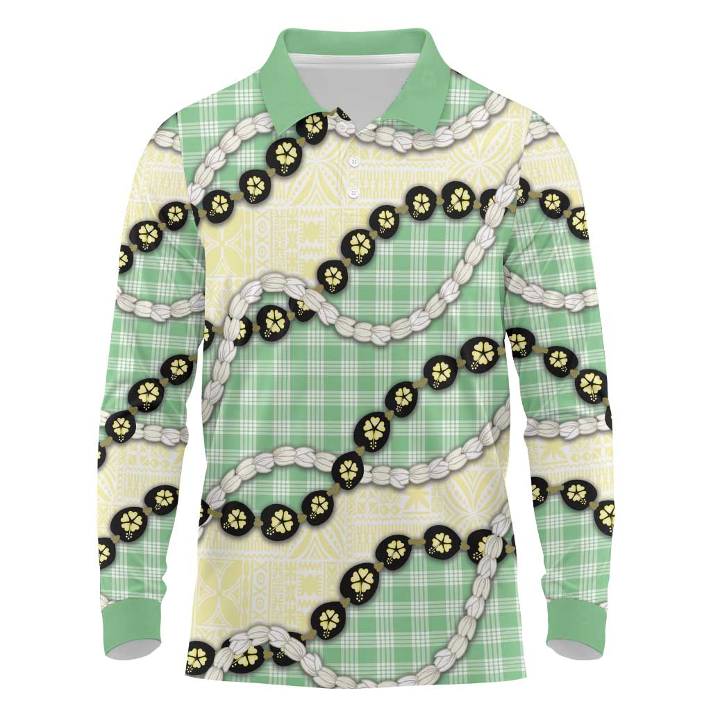 Green Palaka Hawaii Long Sleeve Polo Shirt Kukui Nut Pikake Lei Hawaiian Tapa Pattern LT14 Green - Polynesian Pride