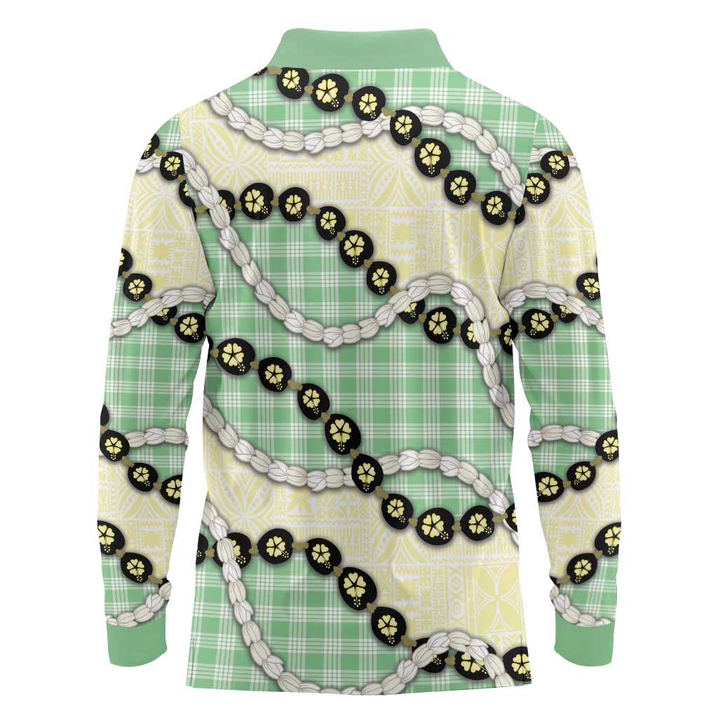 Green Palaka Hawaii Long Sleeve Polo Shirt Kukui Nut Pikake Lei Hawaiian Tapa Pattern LT14 - Polynesian Pride