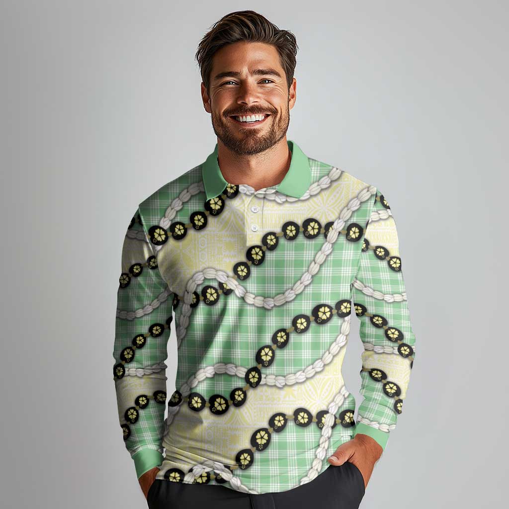 Green Palaka Hawaii Long Sleeve Polo Shirt Kukui Nut Pikake Lei Hawaiian Tapa Pattern LT14 - Polynesian Pride