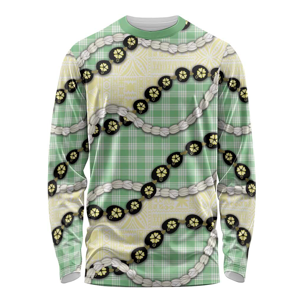 Green Palaka Hawaii Long Sleeve Shirt Kukui Nut Pikake Lei Hawaiian Tapa Pattern LT14 Unisex Green - Polynesian Pride