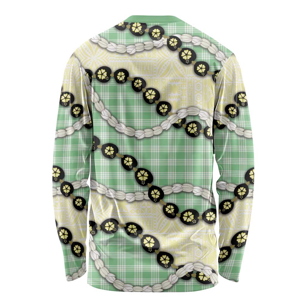 Green Palaka Hawaii Long Sleeve Shirt Kukui Nut Pikake Lei Hawaiian Tapa Pattern LT14 - Polynesian Pride