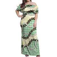 Green Palaka Hawaii Off Shoulder Maxi Dress Kukui Nut Pikake Lei Hawaiian Tapa Pattern - Polynesian Pride