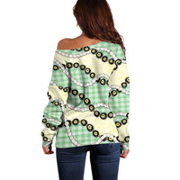 Green Palaka Hawaii Off Shoulder Sweater Kukui Nut Pikake Lei Hawaiian Tapa Pattern - Polynesian Pride