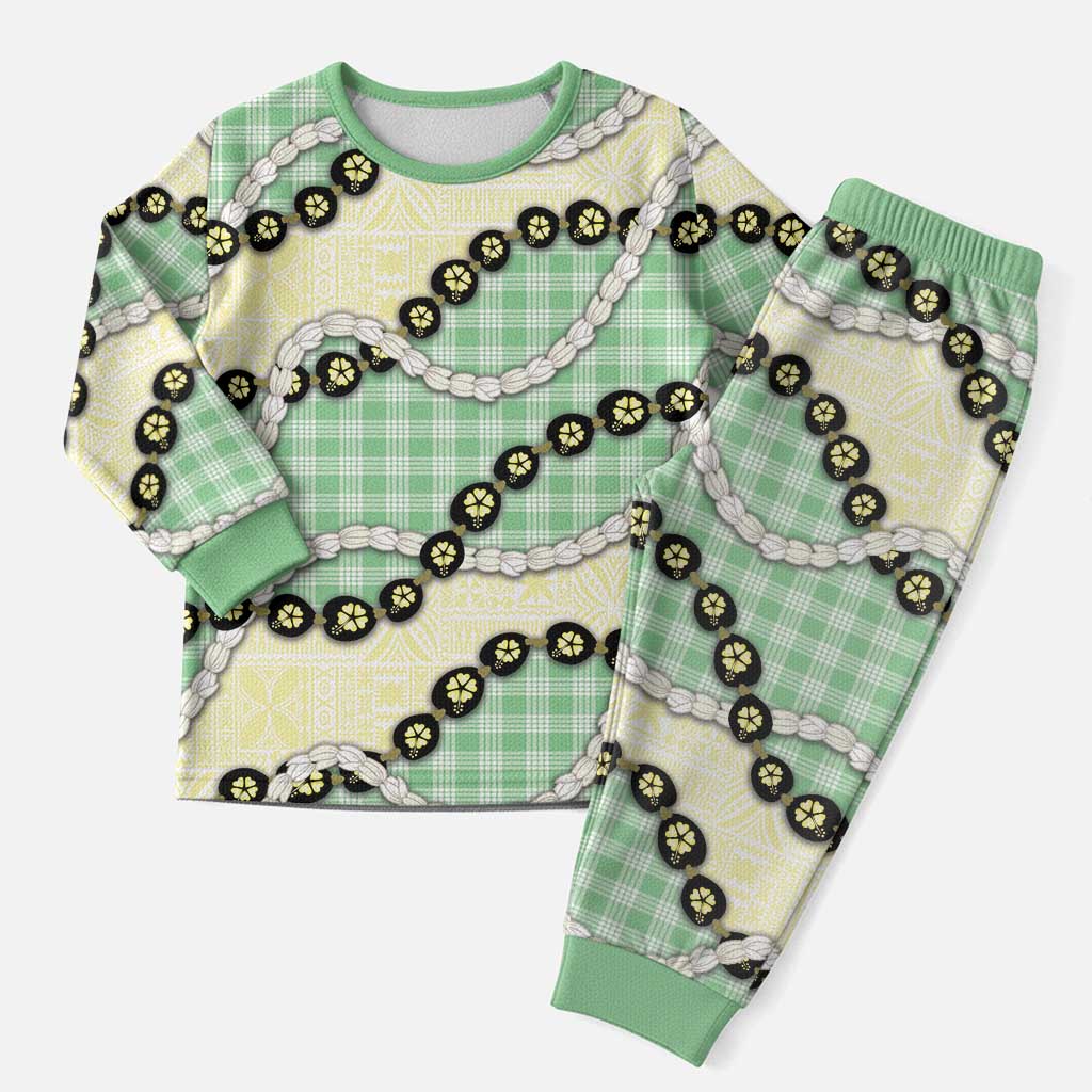 Green Palaka Hawaii Christmas Pajama Set Kukui Nut Pikake Lei Hawaiian Tapa Pattern - Polynesian Pride
