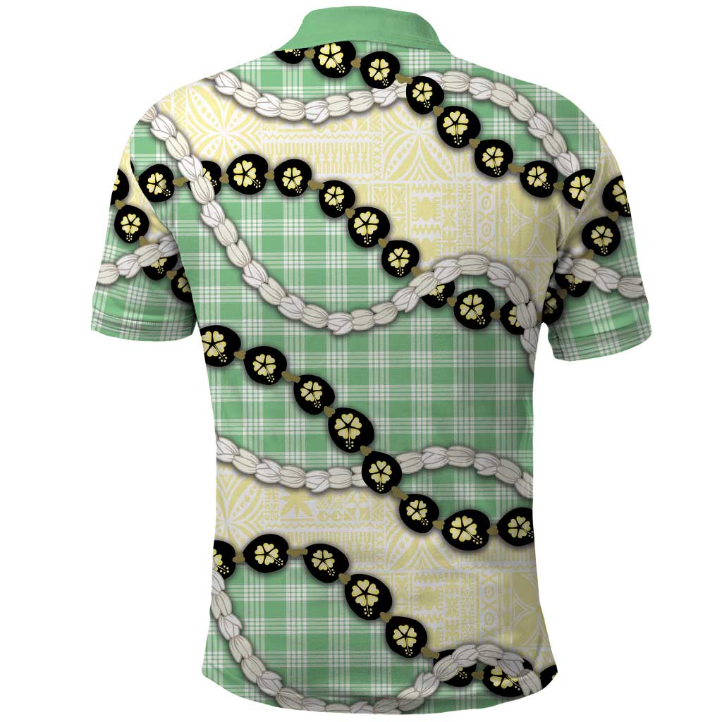 Green Palaka Hawaii Polo Shirt Kukui Nut Pikake Lei Hawaiian Tapa Pattern - Polynesian Pride