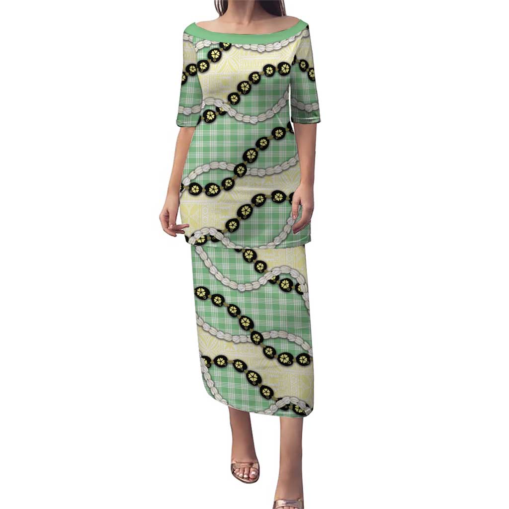 Green Palaka Hawaii Puletasi Kukui Nut Pikake Lei Hawaiian Tapa Pattern LT14 Long Dress Green - Polynesian Pride